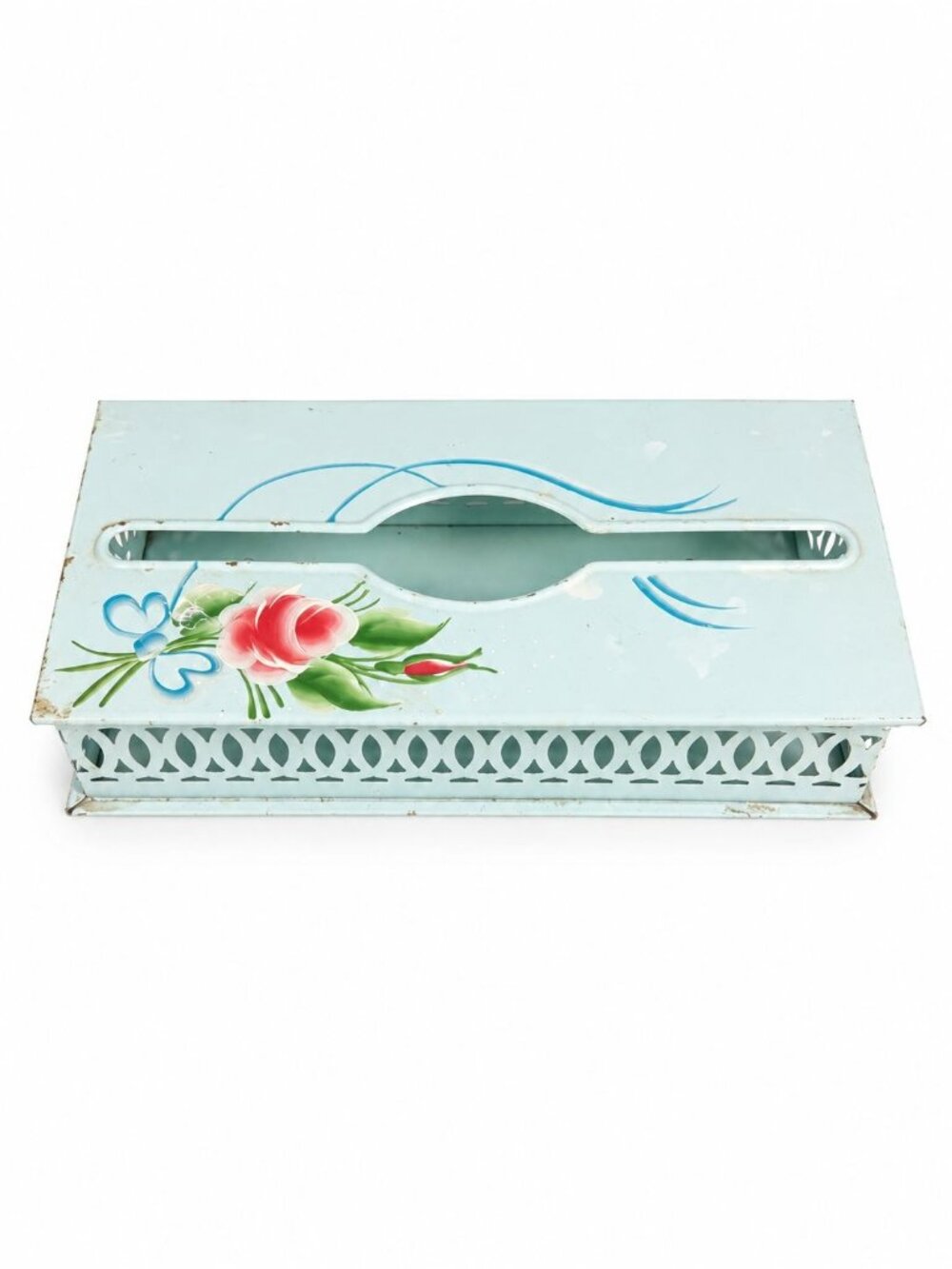 Tissue Box Cover Vintage Tole Painted Blue with Pink Roses Cottage Granny Core H